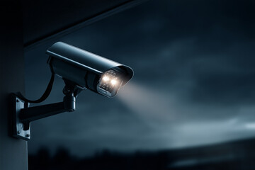 Night vision CCTV camera with infrared lights glowing, mounted under a building eave. Dark moody background with dramatic lighting. Top-left copy space for title text.