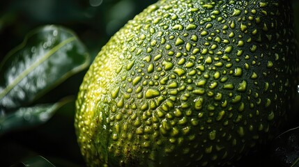 Low light photography of a young green breadfruit, emphasizing the natural texture and color of this tropical fruit in artistic lighting. 