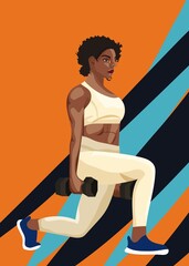 Young african fit athletic woman with dumbbells doing squat exercises, sport and healthy lifestyle concept. Vector illustration.