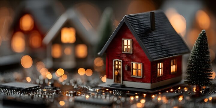 Photorealistic macro shot of a miniature red house on a detailed circuit board. The house has warmly lit windows, with glowing light trails all around.