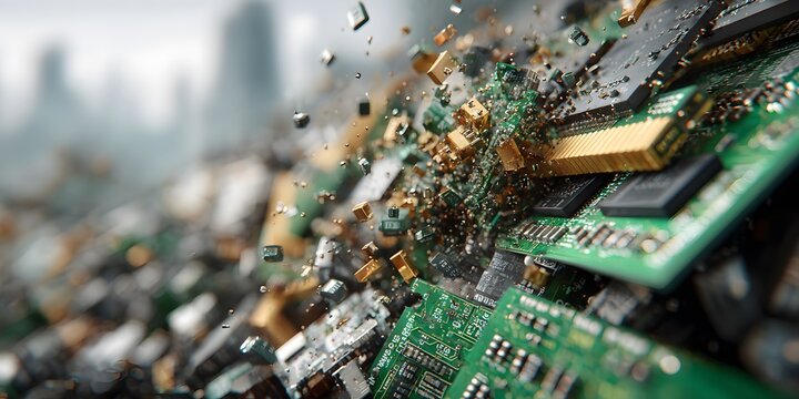Photorealistic macro shot of a miniature red house on a detailed circuit board. The house has warmly lit windows, with glowing light trails all around.