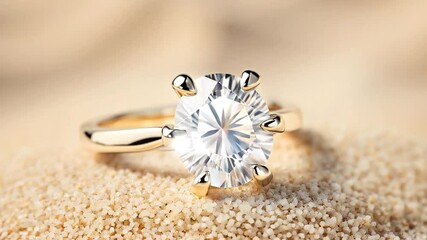 Beautiful engagement ring shines on sandy beach at sunset during proposal moment