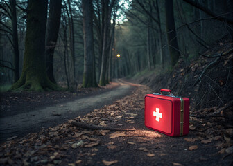 Medical Kit in the Forest: A striking image of a red medical kit, its white cross a beacon of hope, rests on a path winding into a dense, moody forest.