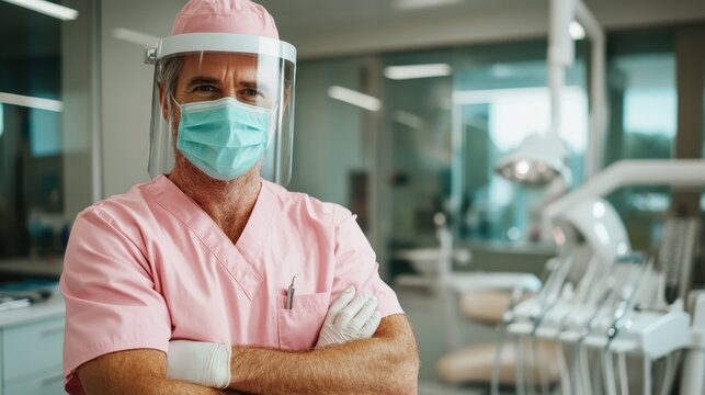 A healthcare worker confidently stands in a dental clinic, showcasing professionalism while wearing a mask and face shield, ready to provide care and support during challenging times.