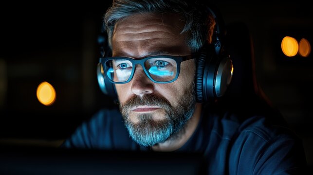A focused gamer with headphones absorbed in gameplay, illuminated by the glow of the screen, portraying deep concentration and engagement in the digital world.