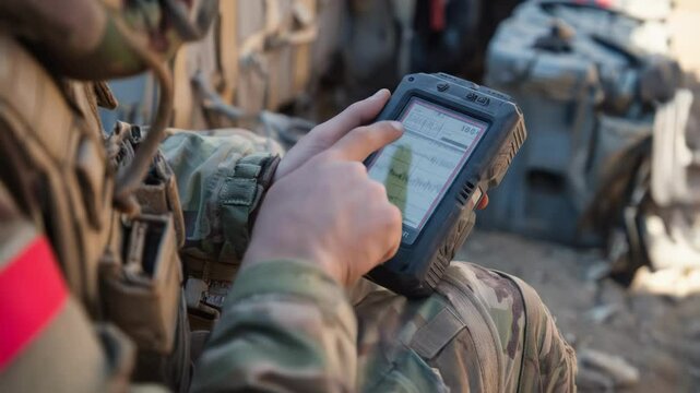 A military personnel utilizing a tablet or GPS unit, implying an important mission involving navigation, communication, or data processing in the field. A continuous looping video.