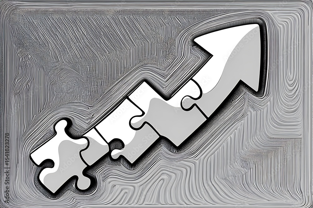 Poster grey scale image of interlocking puzzle pieces forming an ascending arrow on a textured background t