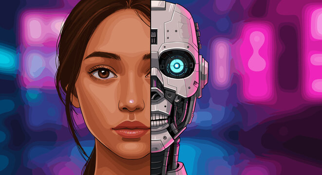 Woman robot half face graphic art