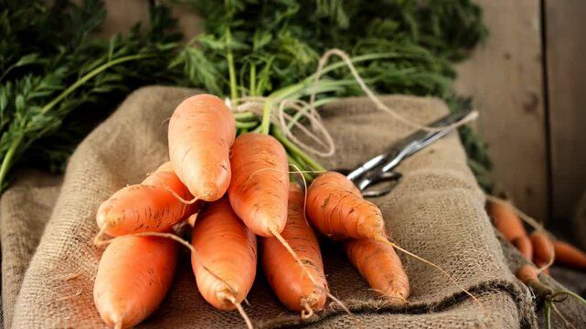   Fresh Organic Carrots on wooden background.  a bunch of fresh carrots in a close-up. Vegetables harvest. Vegetables Vitamins Keratin. Natural organic healthy food concept