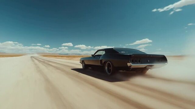 Classic Muscle Car Drifting on Desert Road: A High-Speed Action Scene Under a Clear Sky
