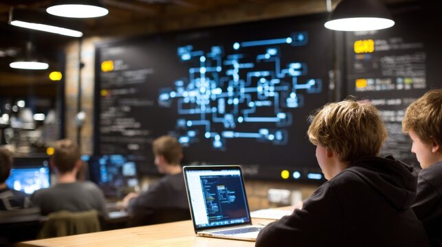 Students collaborating on laptops in a modern classroom setting