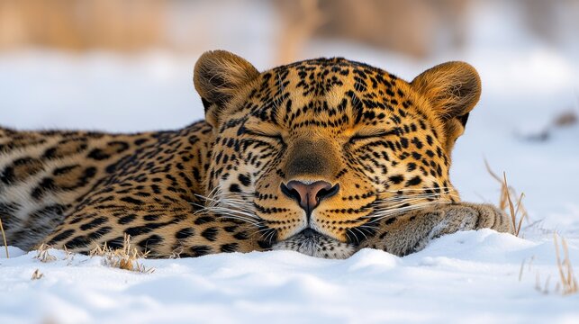 A sleepy snow leopard resting in the snow.  Close-up of a relaxed leopard, its eyes closed, lying on a bed of snow.  The leopard's spotted coat blends with the winter landscape
