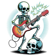 Fototapeta premium A fun skeleton playing electric guitar with one foot on a skull in vector art on white background
