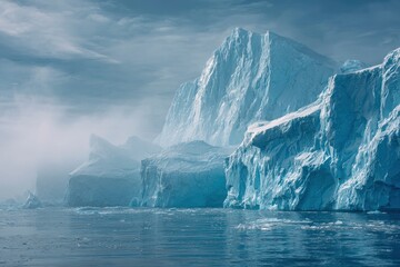 Icebergs dominate rising from cold waters sky is cloudy  misty