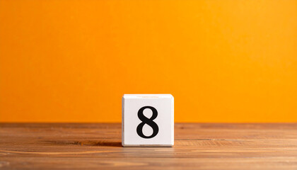 Wooden cube with number 8 on wooden table with orange wall on background.