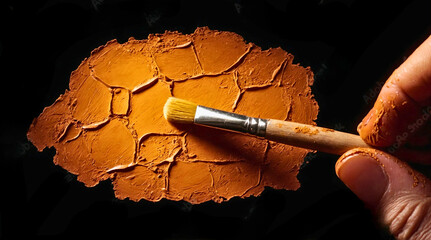 Hand Applying Brown Clay Texture with Brush on Dark Background