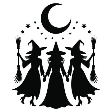A group of three witches holding hands in a circle casting a spell under a crescent moon in black silhouette vector