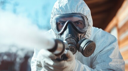A focused individual clad in protective gear aims a sprayer, symbolizing diligence and safety in hazardous environments, capturing the essence of professional vigilance and care.
