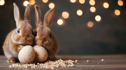 Two cute rabbits cuddle together while holding speckled eggs, creating a heartwarming scene that embodies the spirit of spring, joy, and the celebration of new beginnings and life.
