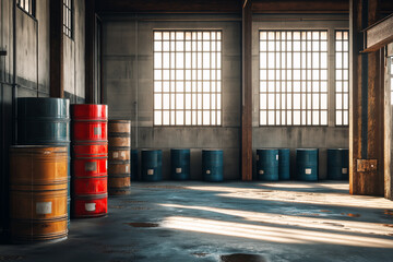Industrial warehouse full of stacked paint barrels.