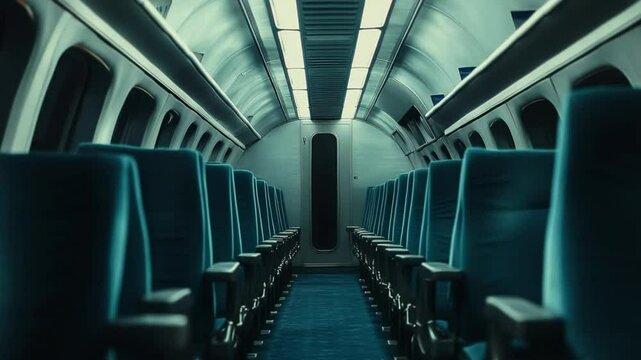 Eerie Empty Train Car Interior with Rows of Blue Seats and Striking Lighting Design