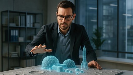 Aerospace engineer working on a futuristic holographic software projecting a lunar base and a rocket on a table simulating the moon surface