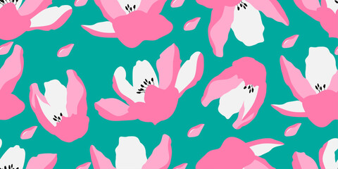 Trendy exotic hand drawn pink flowers seamless pattern. Floral background for textile, wallpaper, banner, covers, surface, printing and home decor. Flower vector illustration