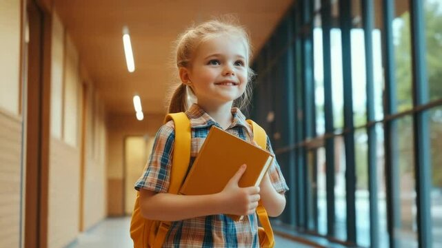 Young girl smiles while holding book in bright school hallway with large windows