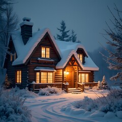 Fototapeta premium Cozy Log Cabin Nestled in Snowy Winter Wonderland Landscape