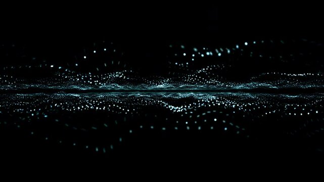 Futuristic blue trapcode wave form. 4k Abstract green motion background. data transfer particle effect. a sea of glowing neon particles pulse across the screen. Data cloud effect.