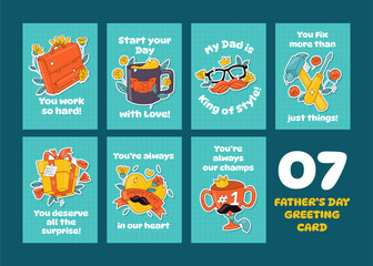 Set of Retro Father's Day Sticker for Greeting Card Invitation with Cute Character Cartoon. Concept Illustration with Wallet, Mug, Gift, Dad, Heart, Trophy. Vintage Comic Retro Style Outline Doodle.