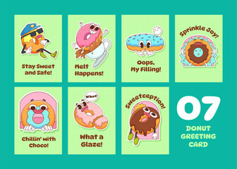 Set of Retro Donut Sticker for Greeting Card Invitation with Cute Character Cartoon. Concept Illustration with Sprinkle, Chocolate, Police, Coffee. Vintage Comic Retro Style Outline Doodle.