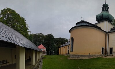 Kremesnik Hill monastery abbey in Vysocina, Bohemia, Czech Republic, featuring a historic church and lookout. A serene pilgrimage site offering breathtaking views of the surrounding landscape.Close by