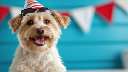 A cheerful dog wearing a party hat and sunglasses, capturing a playful moment of fun and celebration, reflecting joy and happiness in a colorful and festive environment.