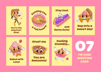 Set of Retro Pie Sticker for Greeting Card Invitation with Cute Character Cartoon. Concept Illustration with Pie, Tart, Cupcake, Slice. Vintage Comic Retro Style Outline Doodle.