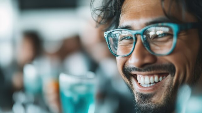 A cheerful man with stylish glasses smiles while enjoying vibrant drinks at a bar, radiating warmth and positivity, capturing the essence of socializing and shared experiences.
