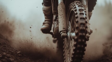 Dynamic image capturing a dirt bike splashing through mud, showcasing speed and adrenaline in off-road racing with emphasis on the wheel's movement in dirt and debris.