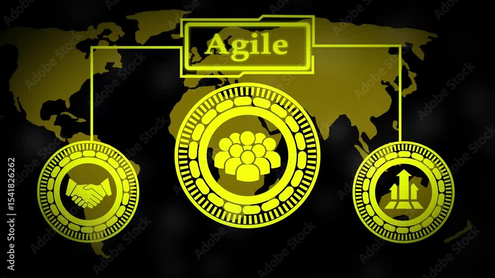 Poster animated agile methodology concept with world map illustrating teamwork and growth
