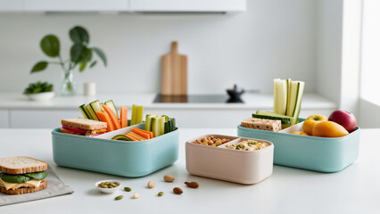 Healthy lunchboxes with fresh vegetables and fruits in kitchen table
