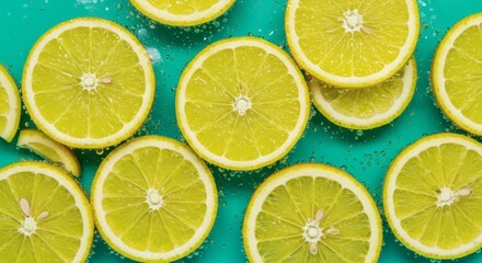 Fototapeta premium Bright citrus slices in aqua water with bubbly foam, a playful and vibrant flat lay representing freshness, tropical flavors, and cool summer vibes with crisp textures and high contrast colors.