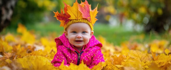 The adorable baby wearing a leaf crown enjoys playful moments in autumn leaves.