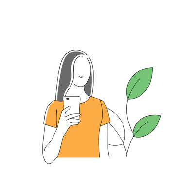 Faceless woman in yellow shirt is holding mobile near plant in line art