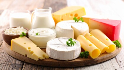 dairy products on wooden board
