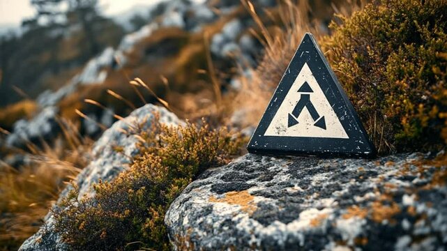 Scenic rocky trail with a caution sign pointing the way to split mountain path