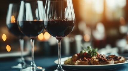 Naklejka premium An inviting arrangement of red wine glasses alongside a exquisite dish, creating an atmosphere of sophistication and indulgence, perfect for a fine dining experience.