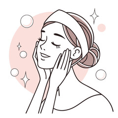 Elegant Asian woman gently touching face with sparkling effects near pastel shapes suggests skincare