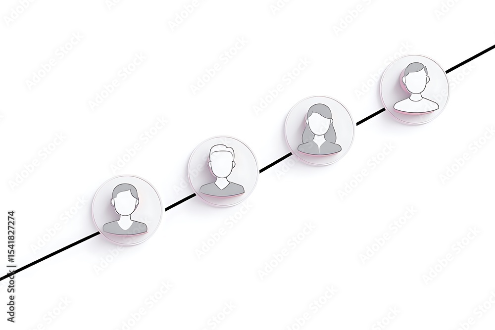 Poster four gray profile icons connected by a diagonal black line on a white background minimalist illustra