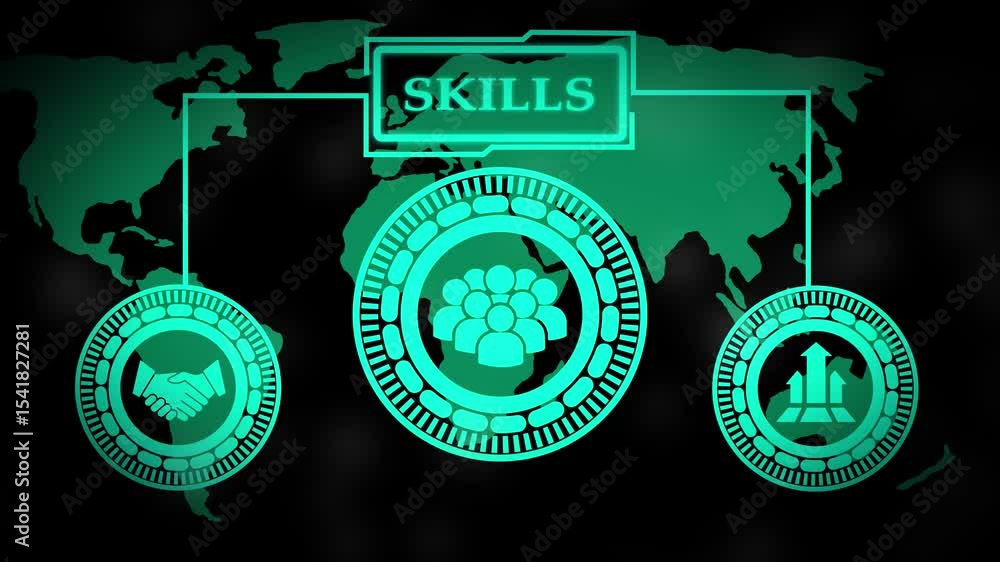 Poster skills development concept represented through global connections and growth on a dark background