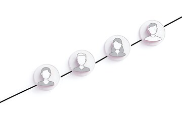 Four Gray Profile Icons Connected by a Diagonal Black Line on a White Background Minimalist Illustration of a Network or Team Connection Showing a Sequence of Male and Female User Avatars in