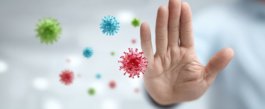 The hand stopping the spread of viruses and promoting health awareness.